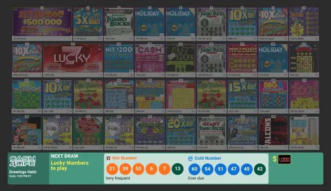 Lottery display screen showing hot and cold number trends for US state lottery games.