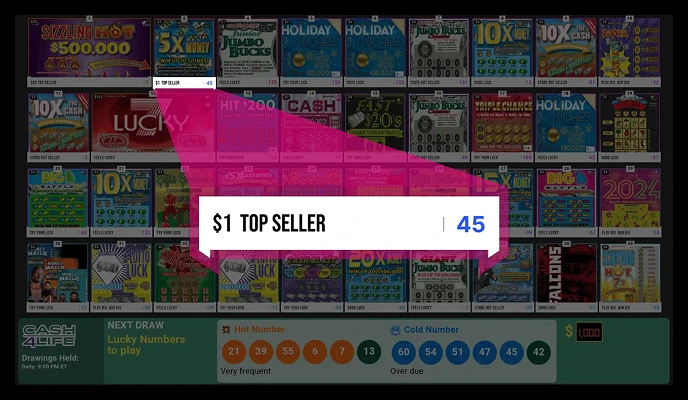 Lottery display screen on store counter showing live ticket results in a US c-store.