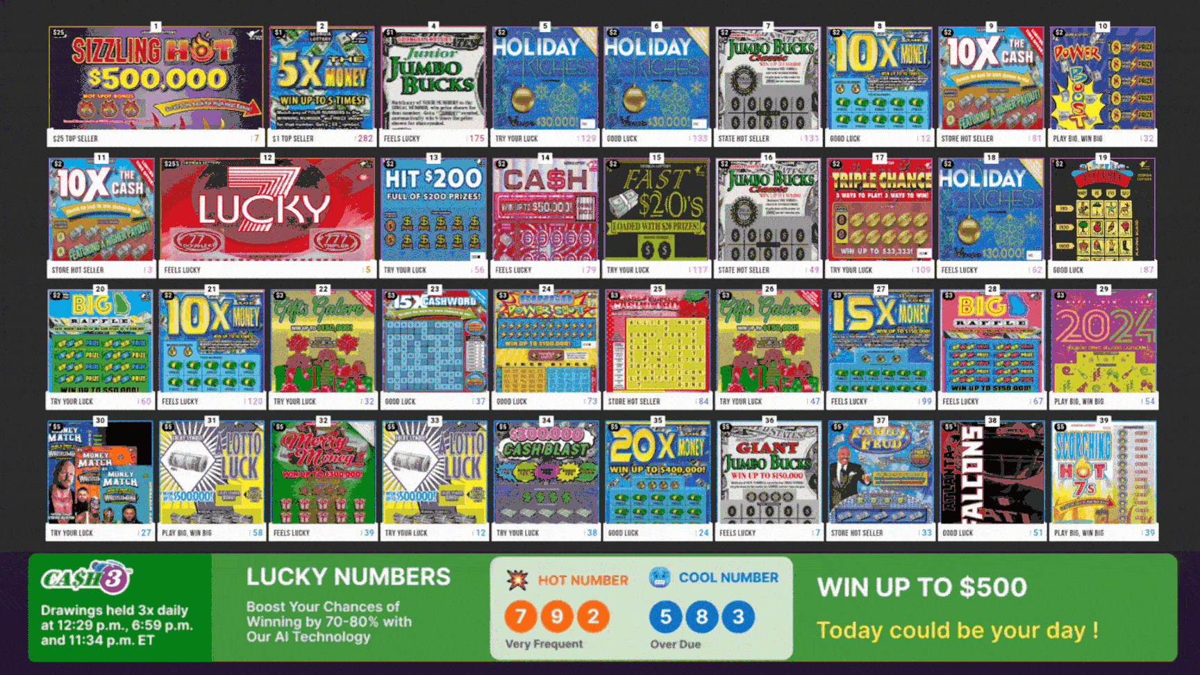 Digital lottery display showing full scratch-off grid on a screen in a US c-store.